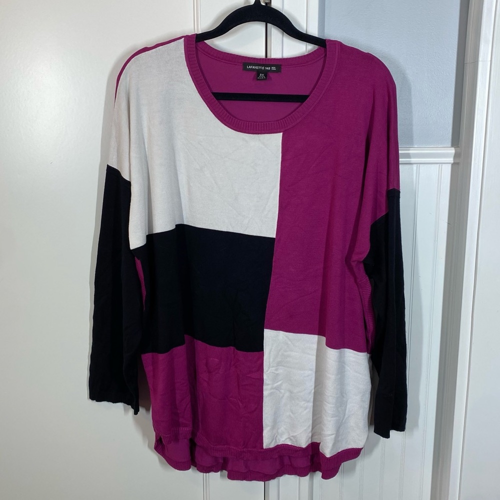 Lafayette 148 New York Sweater Plus Size 2XL Colorblock Pink &‎ Black & White